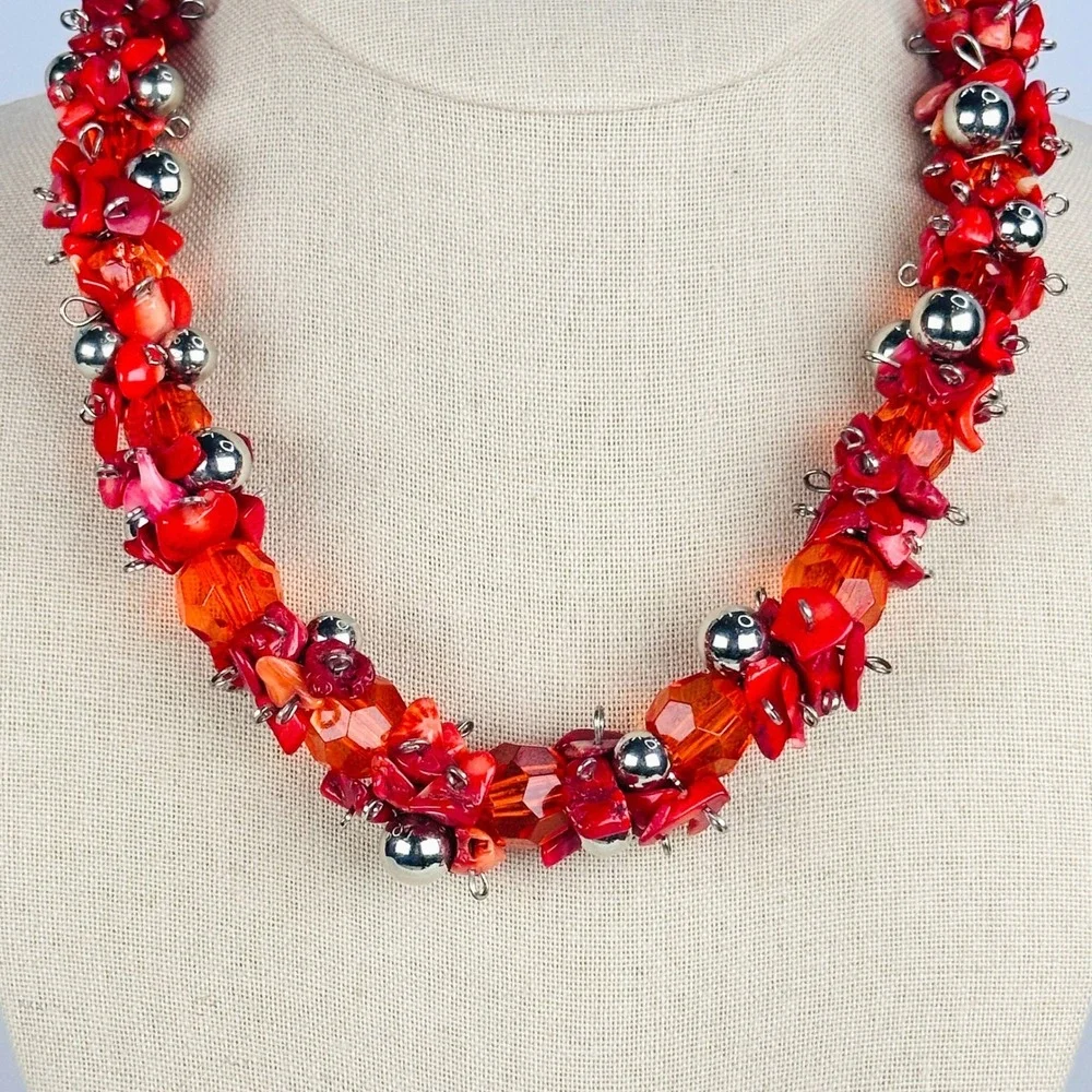 Bold Red Cluster Necklace Coral Chip Faceted Bead Silver Tone Maximalist Collar